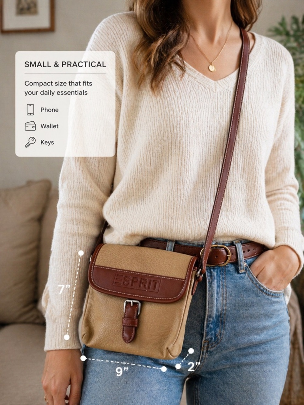 Esprit Tan and Brown Leather-Trim Crossbody Bag